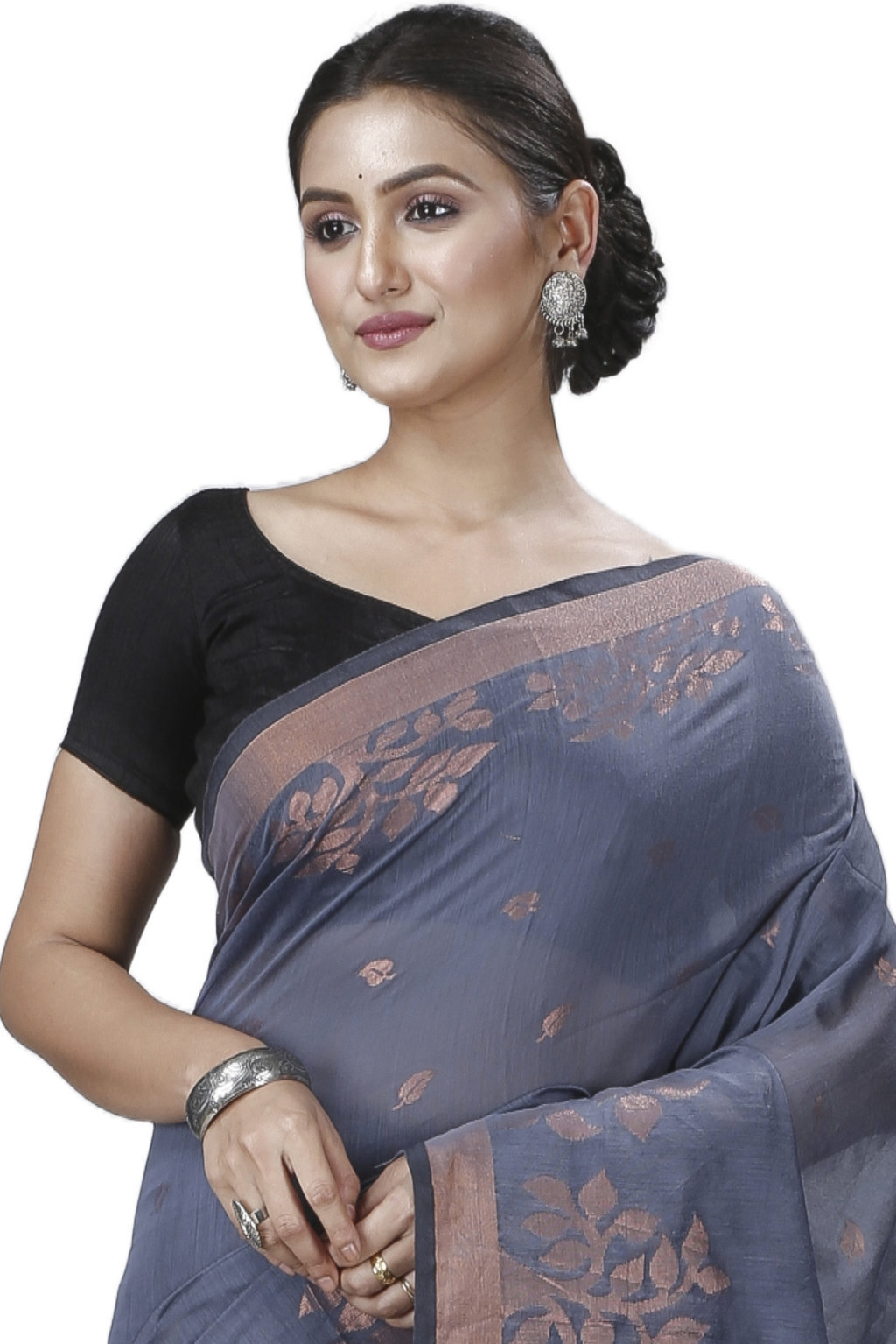 Grey Blended Cotton Tina Hand Loom Saree (1214)